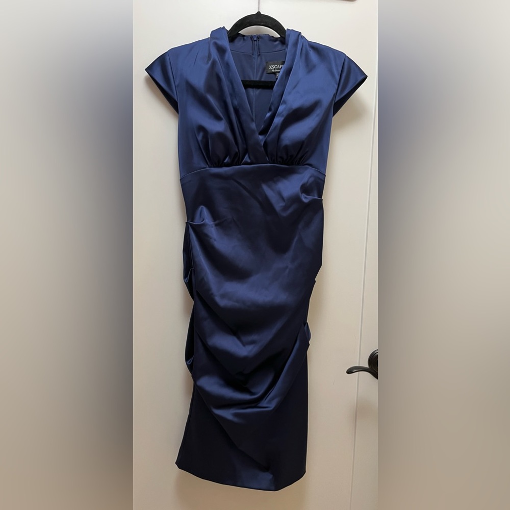 Xscape by Joanna Chen Navy Blue Stretch Satin Ruched Dress